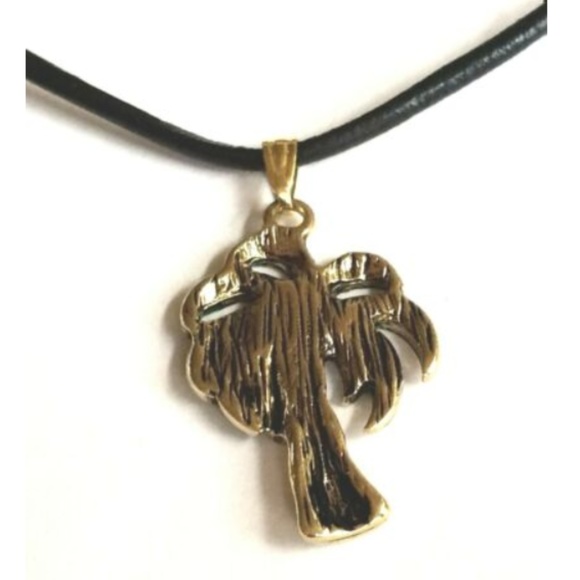 Gold Coconut Palm Tree Necklace Island Beach 21" Green Enamel Black Leather Cord - Picture 7 of 8